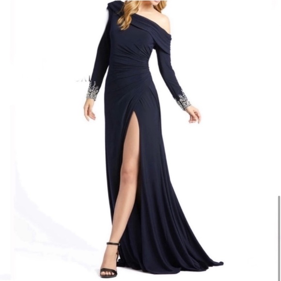 MAC DUGGAL Midnight Navy Blue Asymmetric Jeweled Evening Gown Dress NEW Size 12 - Picture 16 of 16